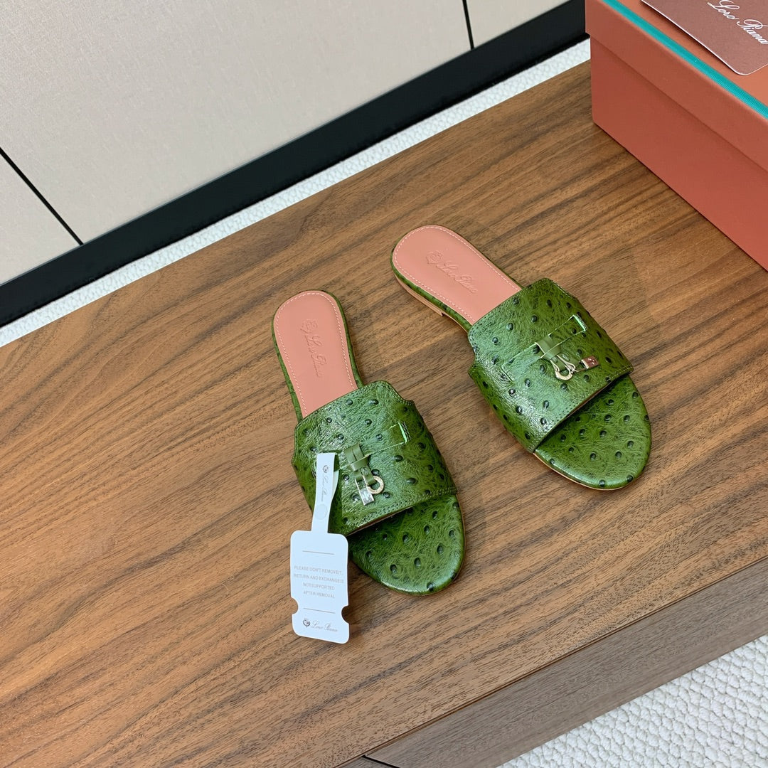 FLAT SLIPPERS IN DARK GREEN LAMBSKIN OSTRICH SKIN - 34