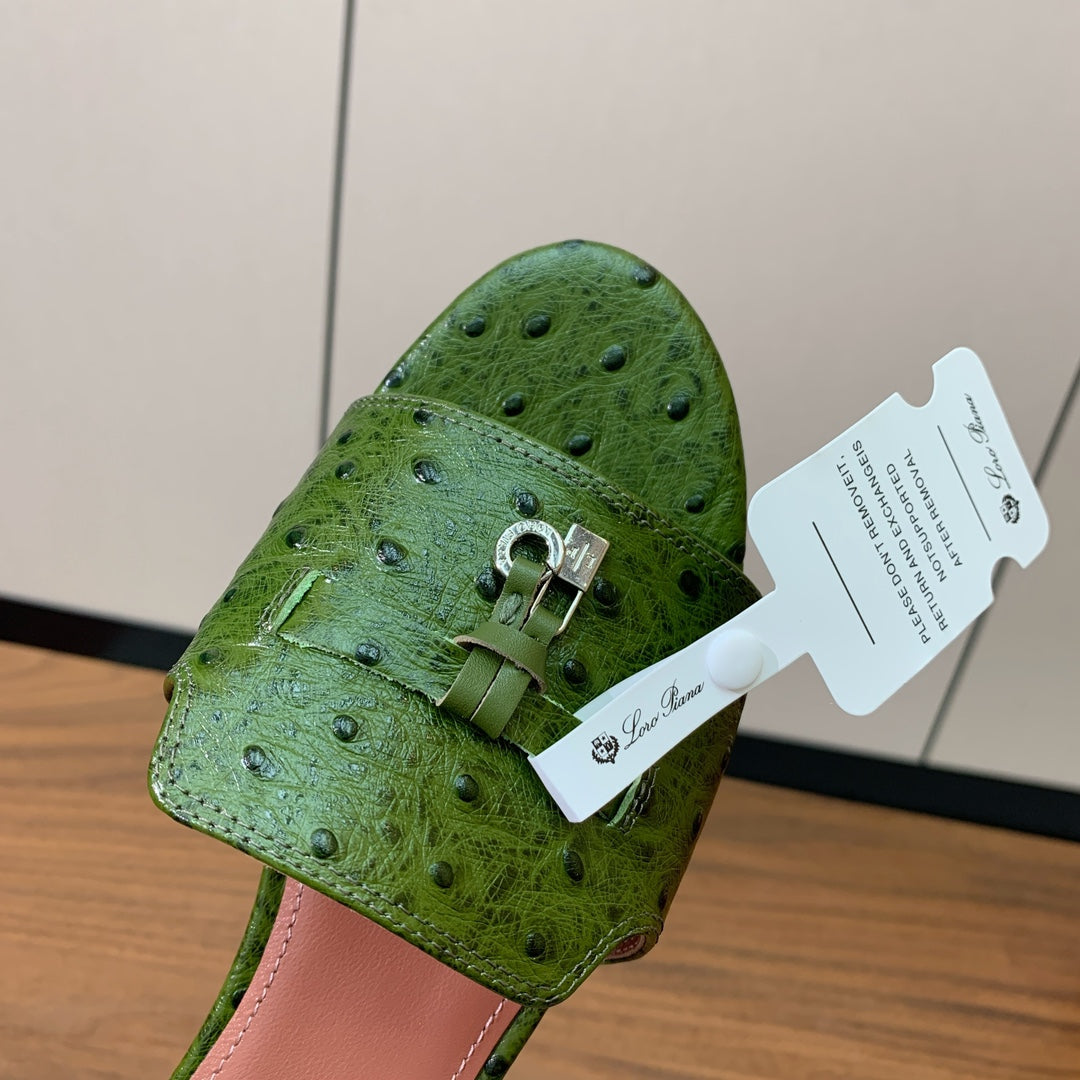 FLAT SLIPPERS IN DARK GREEN LAMBSKIN OSTRICH SKIN - 34