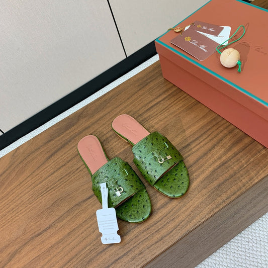 FLAT SLIPPERS IN DARK GREEN LAMBSKIN OSTRICH SKIN - 34