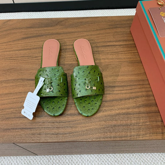 FLAT SLIPPERS IN DARK GREEN LAMBSKIN OSTRICH SKIN - 34