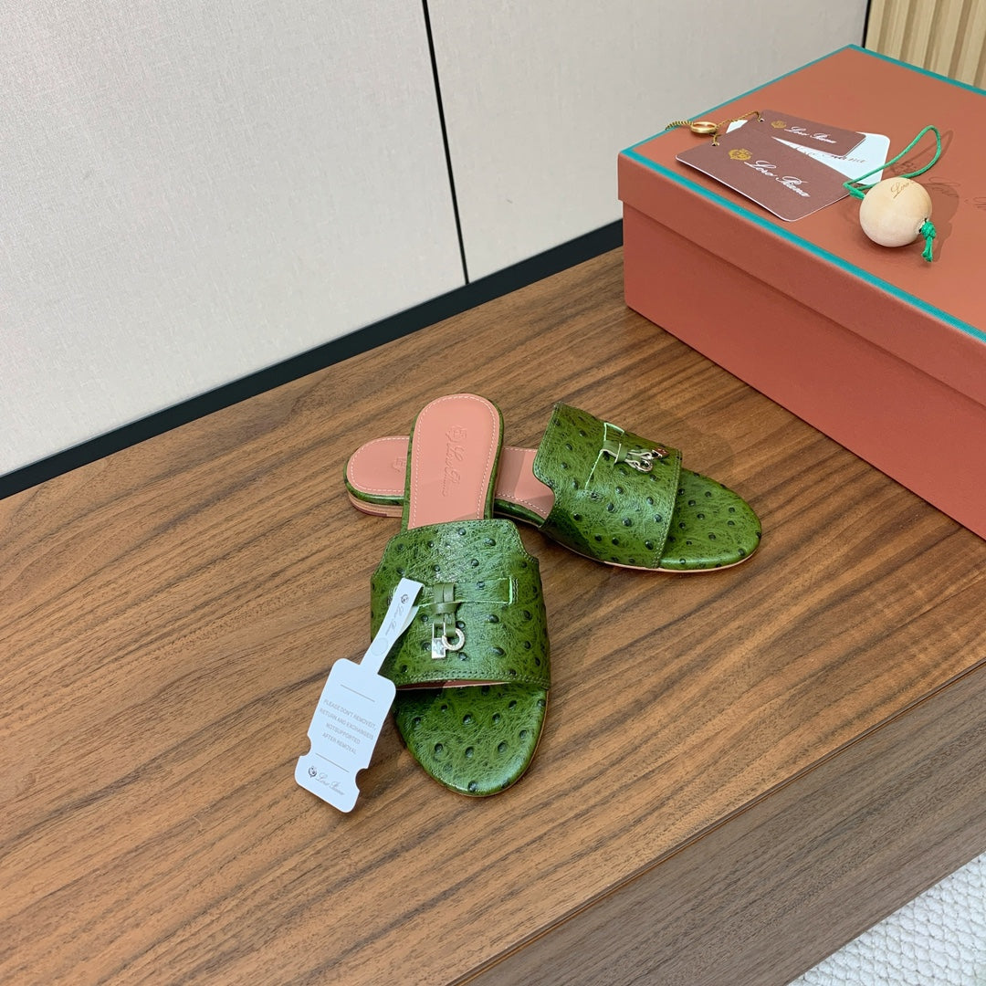 FLAT SLIPPERS IN DARK GREEN LAMBSKIN OSTRICH SKIN - 34