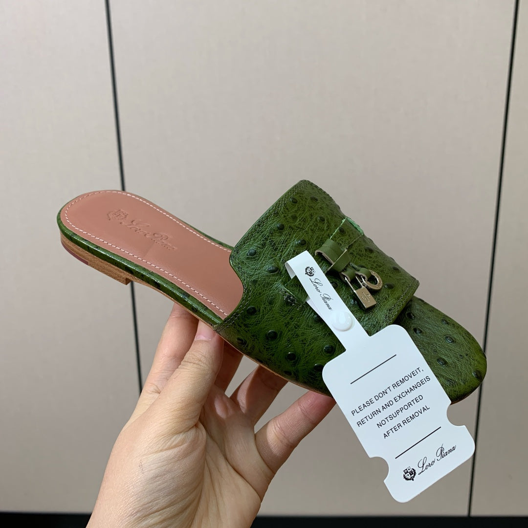 FLAT SLIPPERS IN DARK GREEN LAMBSKIN OSTRICH SKIN - 34