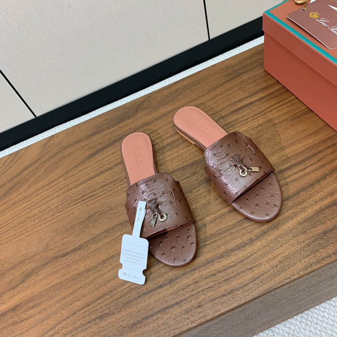 FLAT SLIPPERS IN BROWN LAMBSKIN OSTRICH SKIN - 34