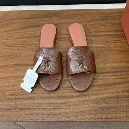 FLAT SLIPPERS IN BROWN LAMBSKIN OSTRICH SKIN - 34