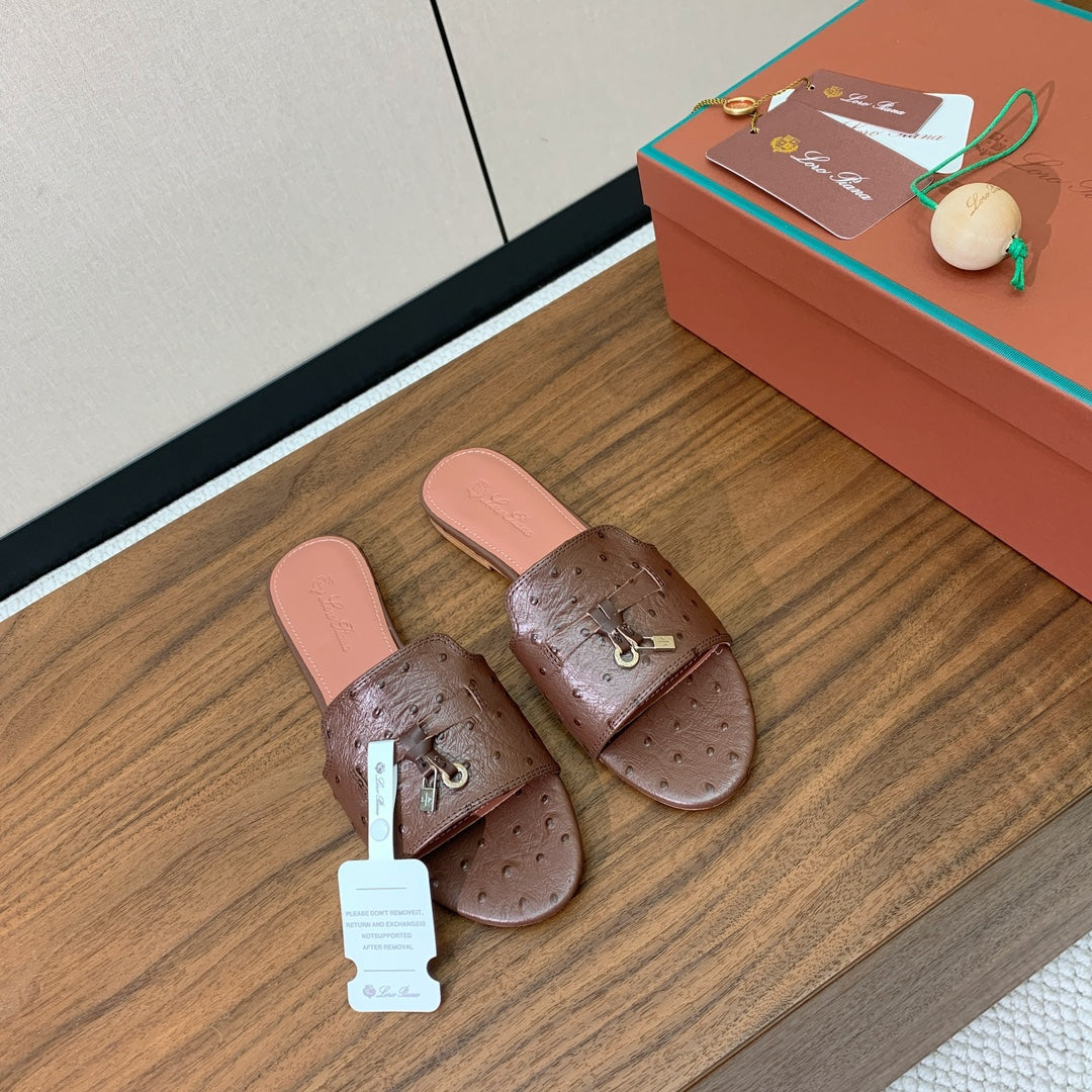 FLAT SLIPPERS IN BROWN LAMBSKIN OSTRICH SKIN - 34