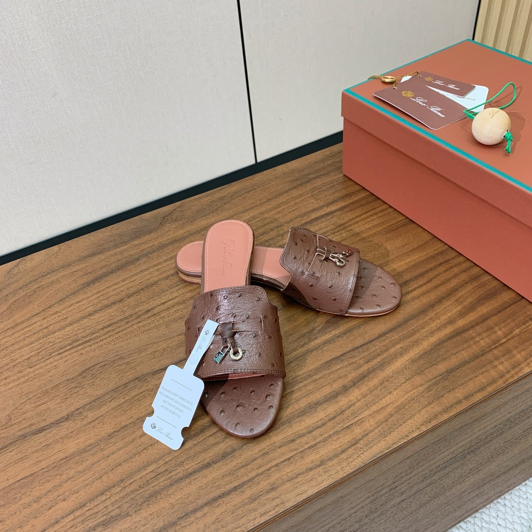 FLAT SLIPPERS IN BROWN LAMBSKIN OSTRICH SKIN - 34