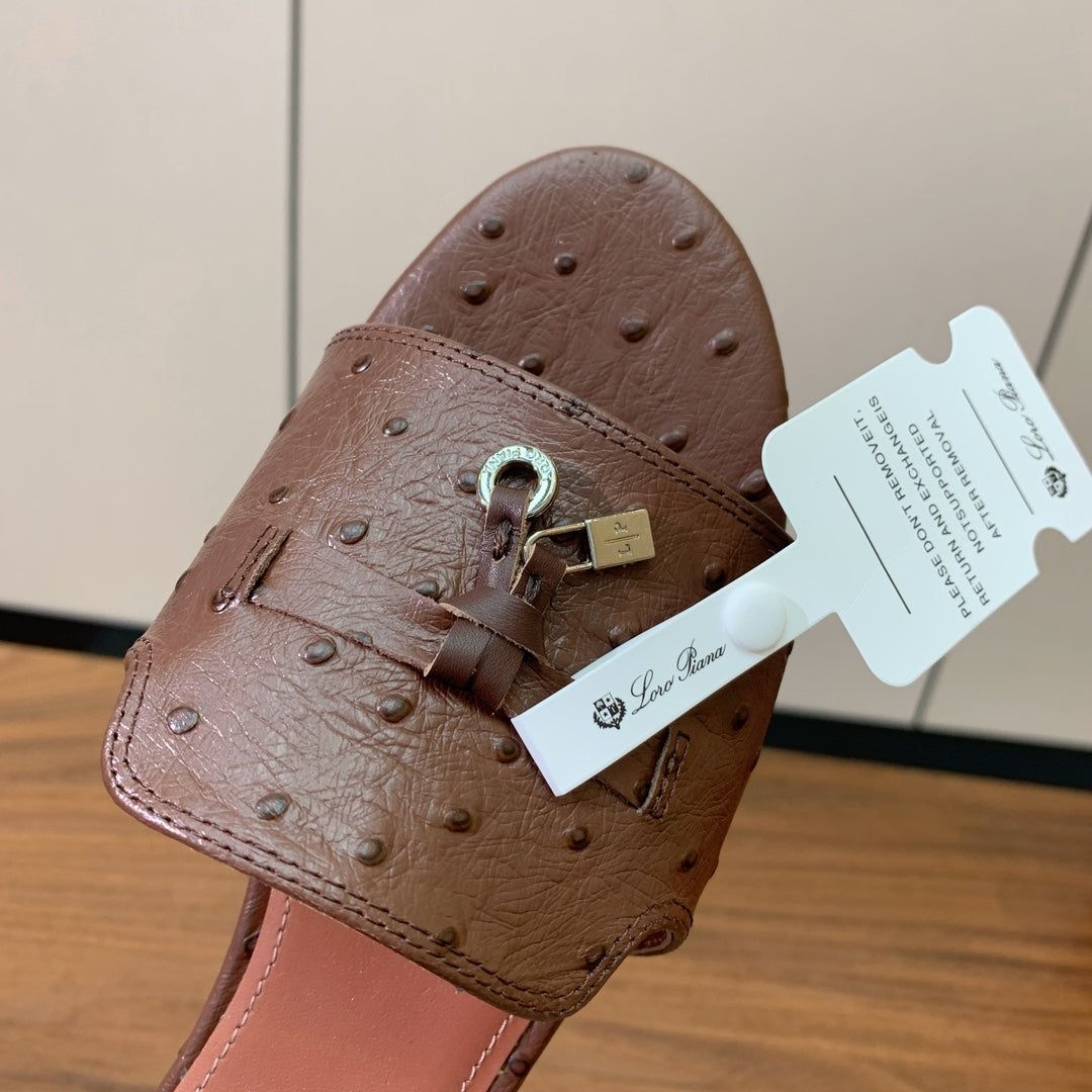 FLAT SLIPPERS IN BROWN LAMBSKIN OSTRICH SKIN - 34