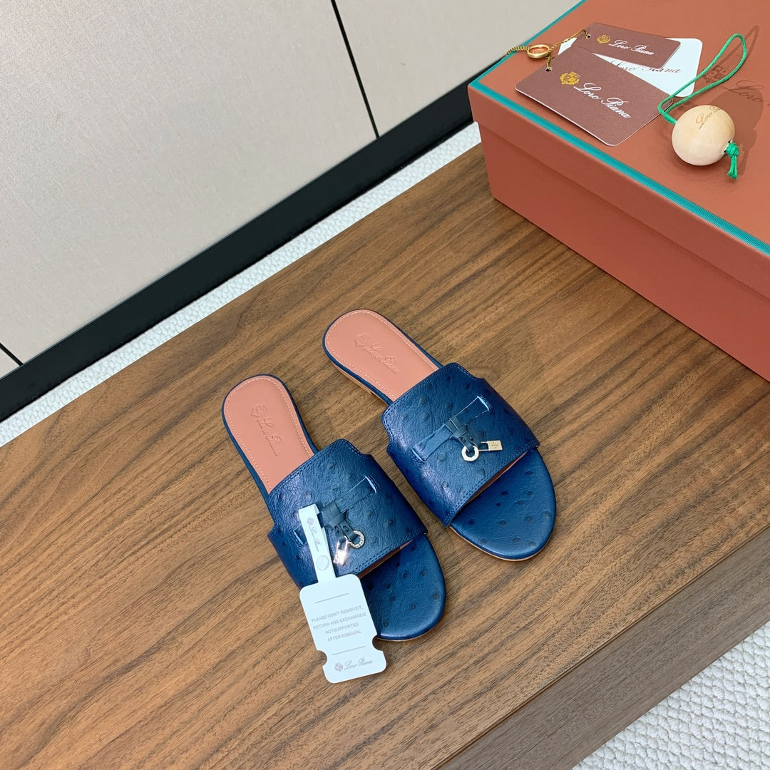 FLAT SLIPPERS IN NAVY BLUE LAMBSKIN OSTRICH SKIN - 34