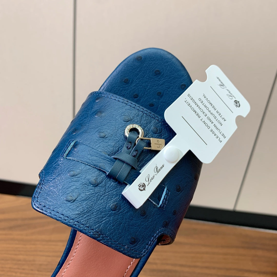 FLAT SLIPPERS IN NAVY BLUE LAMBSKIN OSTRICH SKIN - 34