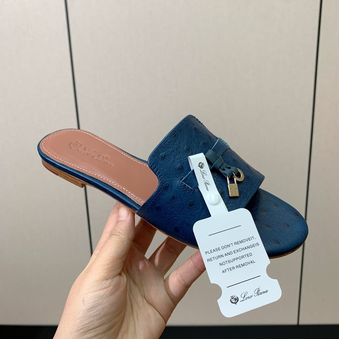 FLAT SLIPPERS IN NAVY BLUE LAMBSKIN OSTRICH SKIN - 34