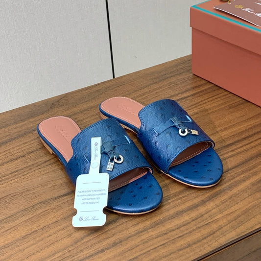 FLAT SLIPPERS IN NAVY BLUE LAMBSKIN OSTRICH SKIN - 34