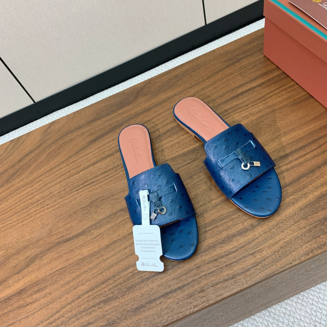 FLAT SLIPPERS IN NAVY BLUE LAMBSKIN OSTRICH SKIN - 34