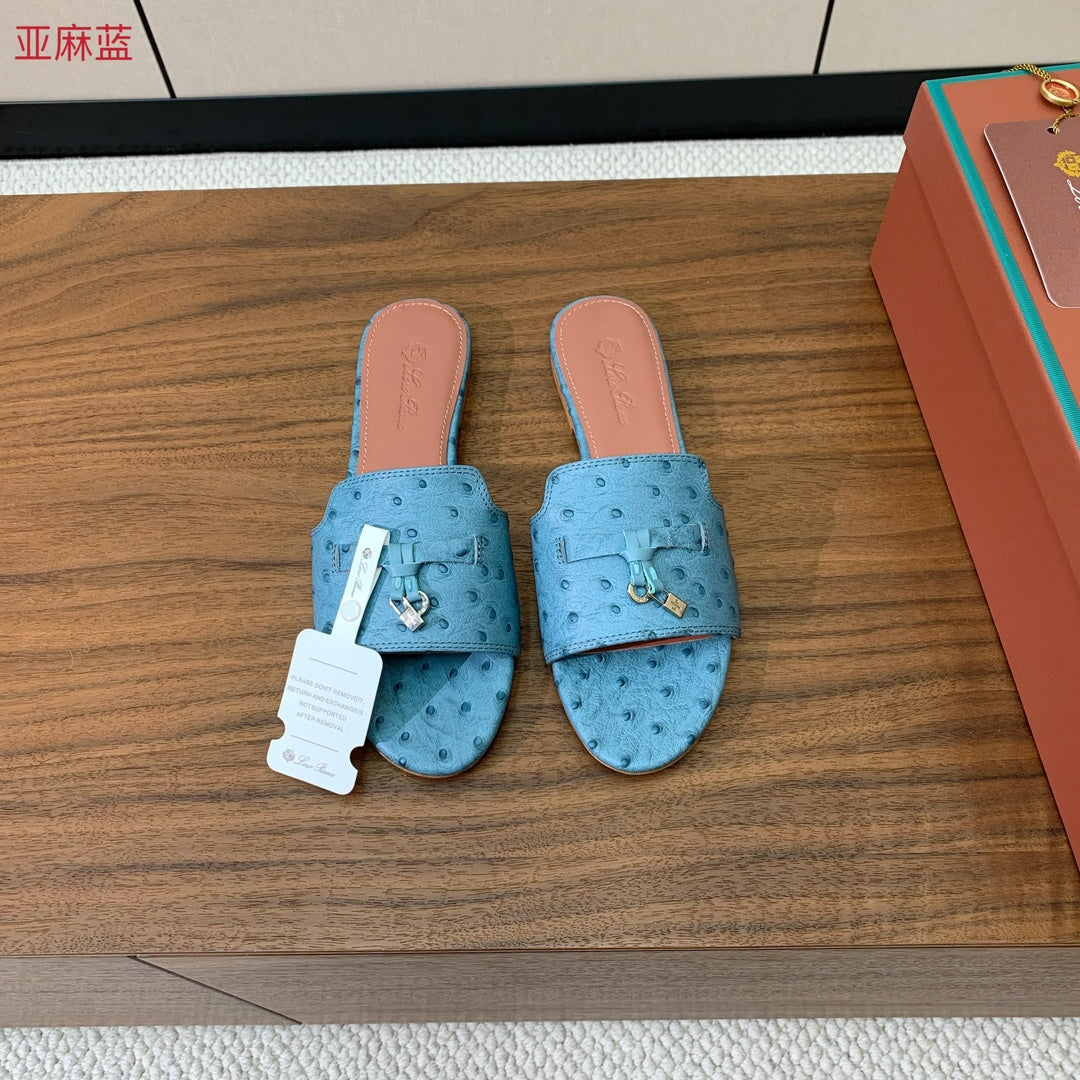 FLAT SLIPPERS IN LIGHT BLUE LAMBSKIN OSTRICH SKIN - 34