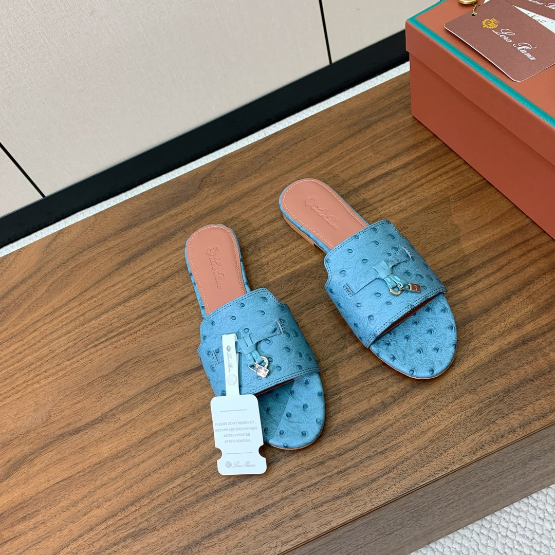 FLAT SLIPPERS IN LIGHT BLUE LAMBSKIN OSTRICH SKIN - 34