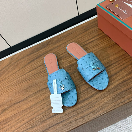 FLAT SLIPPERS IN LIGHT BLUE LAMBSKIN OSTRICH SKIN - 34