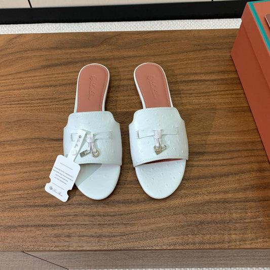 FLAT SLIPPERS IN WHITE LAMBSKIN OSTRICH SKIN - 34