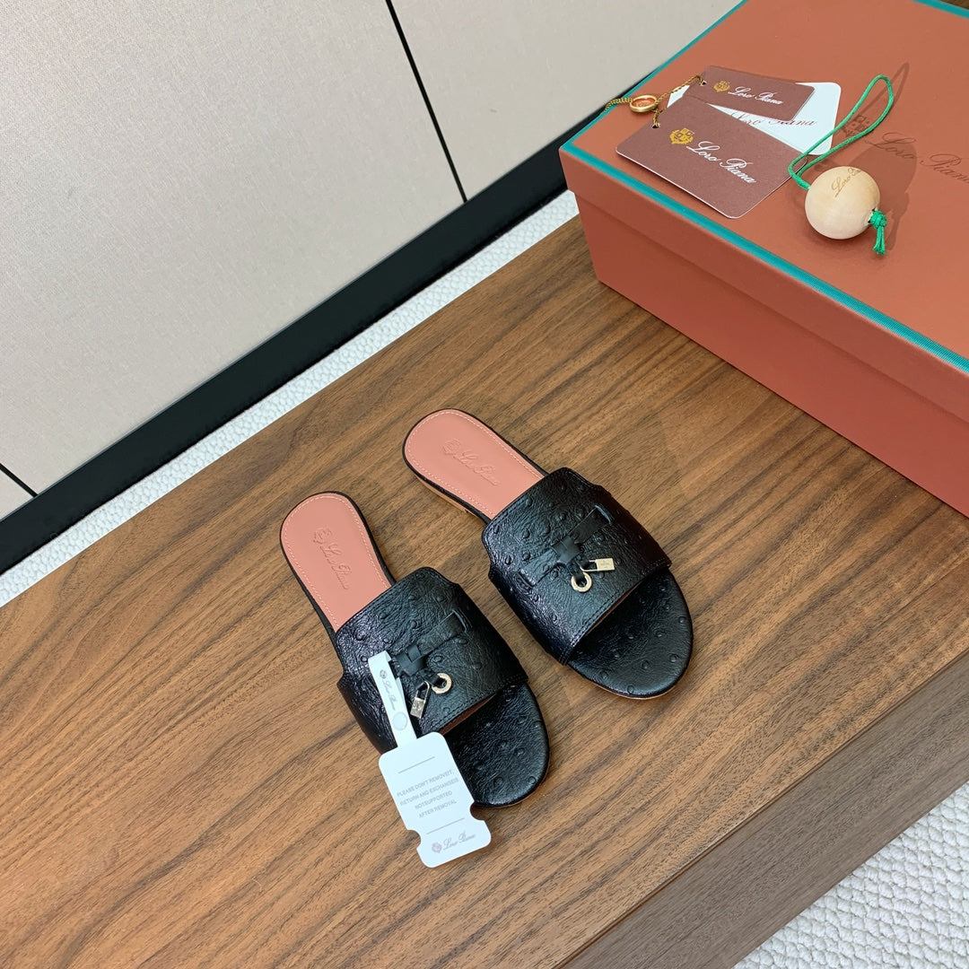 FLAT SLIPPERS IN BLACK LAMBSKIN OSTRICH SKIN - 34
