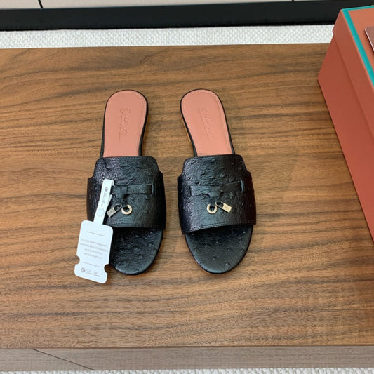 FLAT SLIPPERS IN BLACK LAMBSKIN OSTRICH SKIN - 34