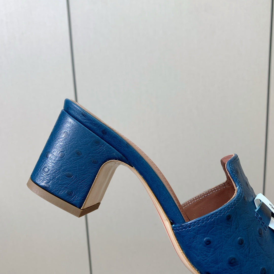 HIGH HEEL IN NAVY BLUE LAMBSKIN OSTRICH SKIN - 34
