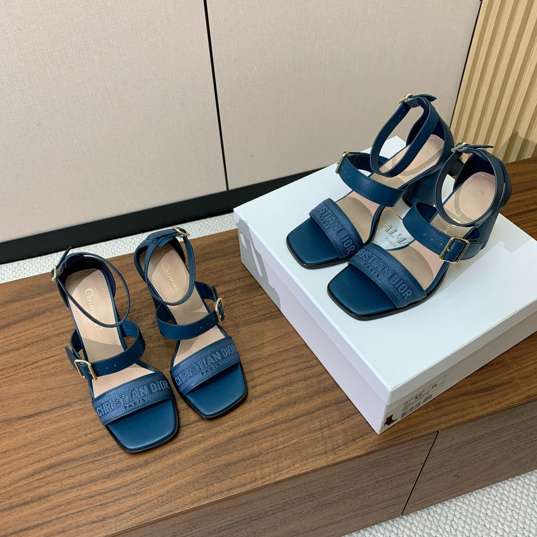 THREE-STRAP HIGH-HEELED EMBROIDERED SANDALS NAVY BLUE - 34 / 8 cm