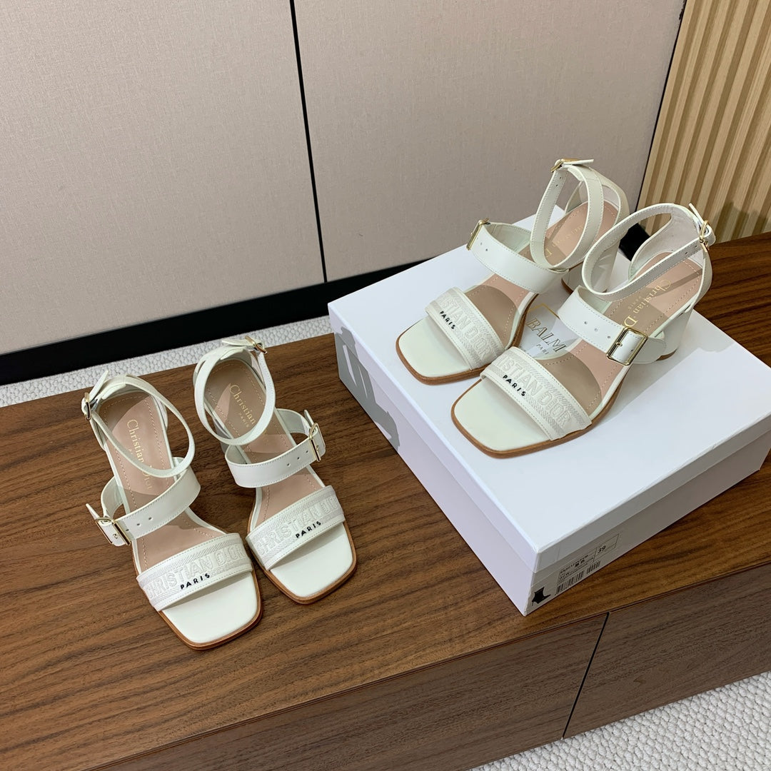 THREE-STRAP HIGH-HEELED EMBROIDERED SANDALS WHITE - 34 / 8 cm