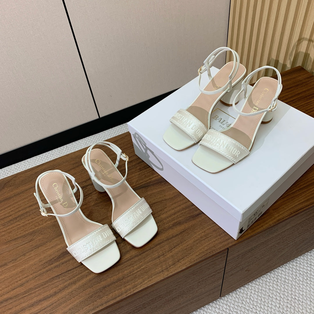 HIGH HEEL EMBROIDERED SANDAL IN WHITE CALFSKIN AND WOVEN STRAPS - 34 / 8 cm