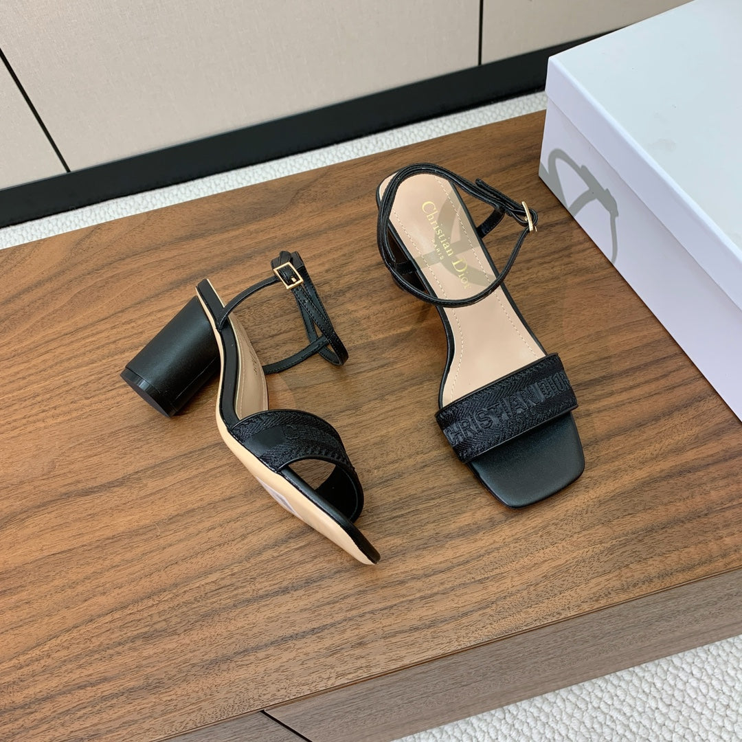 HIGH HEEL EMBROIDERED SANDAL IN BLACK CALFSKIN AND WOVEN STRAPS - 34 / 8 cm