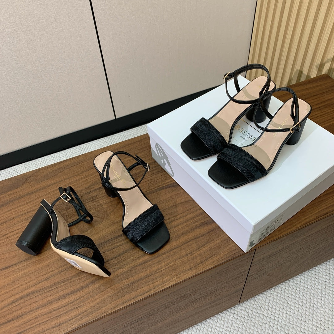 HIGH HEEL EMBROIDERED SANDAL IN BLACK CALFSKIN AND WOVEN STRAPS - 34 / 8 cm