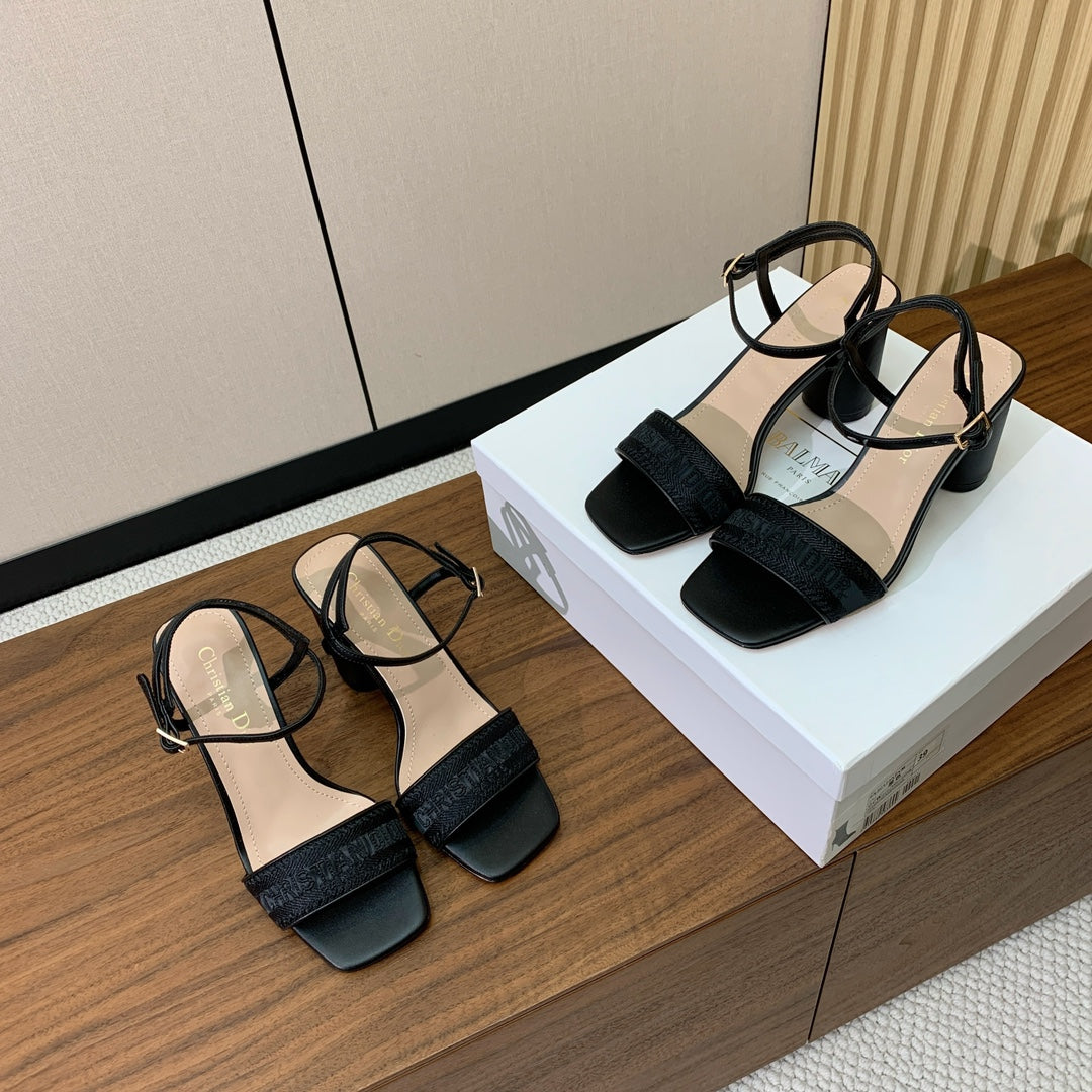 HIGH HEEL EMBROIDERED SANDAL IN BLACK CALFSKIN AND WOVEN STRAPS - 34 / 8 cm
