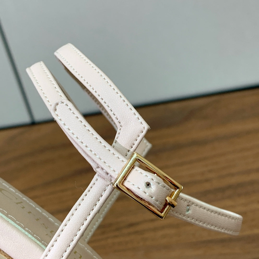 HIGH HEEL EMBROIDERED SANDAL IN LIGHT PINK CALFSKIN AND WOVEN STRAPS - 34 / 8 cm