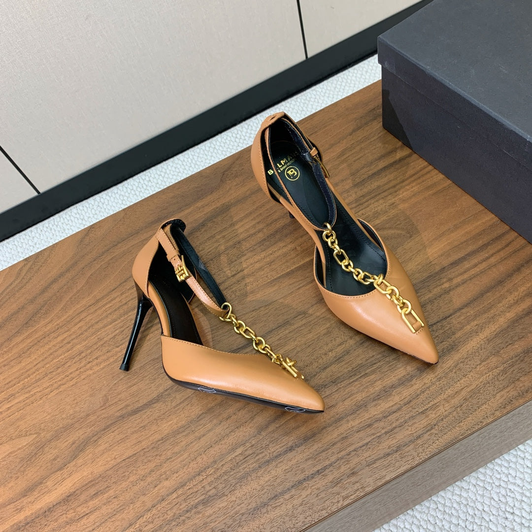 BALMAIN 26S ЛАНЦЮГОВІ ТУФЛІ НА ВИСОКИХ ПІДБОРАХ 95 ММ ЗІ СВІТЛО-КОРИЧНЕВОЇ ТЕЛЯЧОЇ ШКІРИ