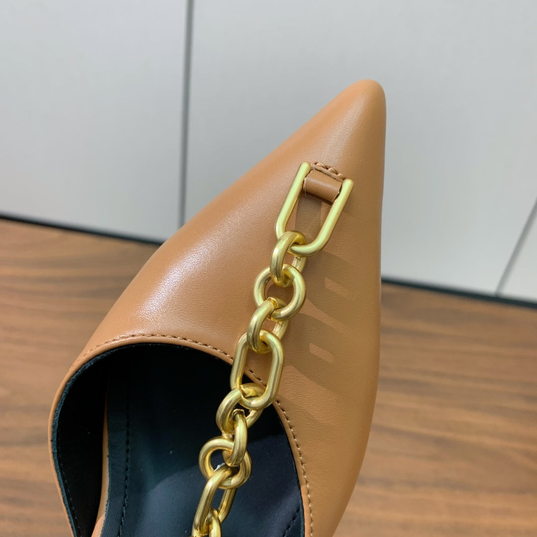 BALMAIN 26S ЛАНЦЮГОВІ ТУФЛІ НА ВИСОКИХ ПІДБОРАХ 95 ММ ЗІ СВІТЛО-КОРИЧНЕВОЇ ТЕЛЯЧОЇ ШКІРИ