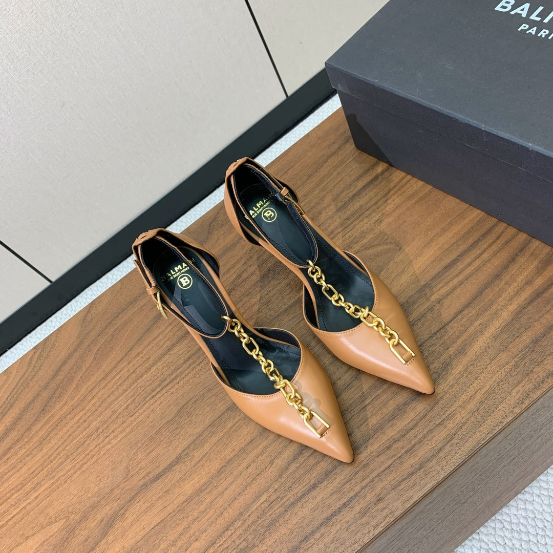 BALMAIN 26S ЛАНЦЮГОВІ ТУФЛІ НА ВИСОКИХ ПІДБОРАХ 95 ММ ЗІ СВІТЛО-КОРИЧНЕВОЇ ТЕЛЯЧОЇ ШКІРИ