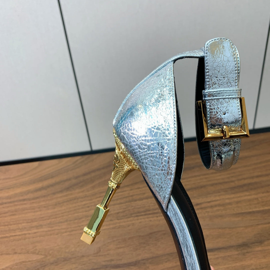 BALMAIN 25S SQUARE STRAP HIGH HEELS 100MM IN SILVER CALFSKIN - 36