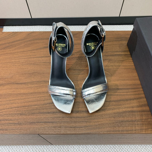 BALMAIN 25S SQUARE STRAP HIGH HEELS 100MM IN SILVER CALFSKIN - 36