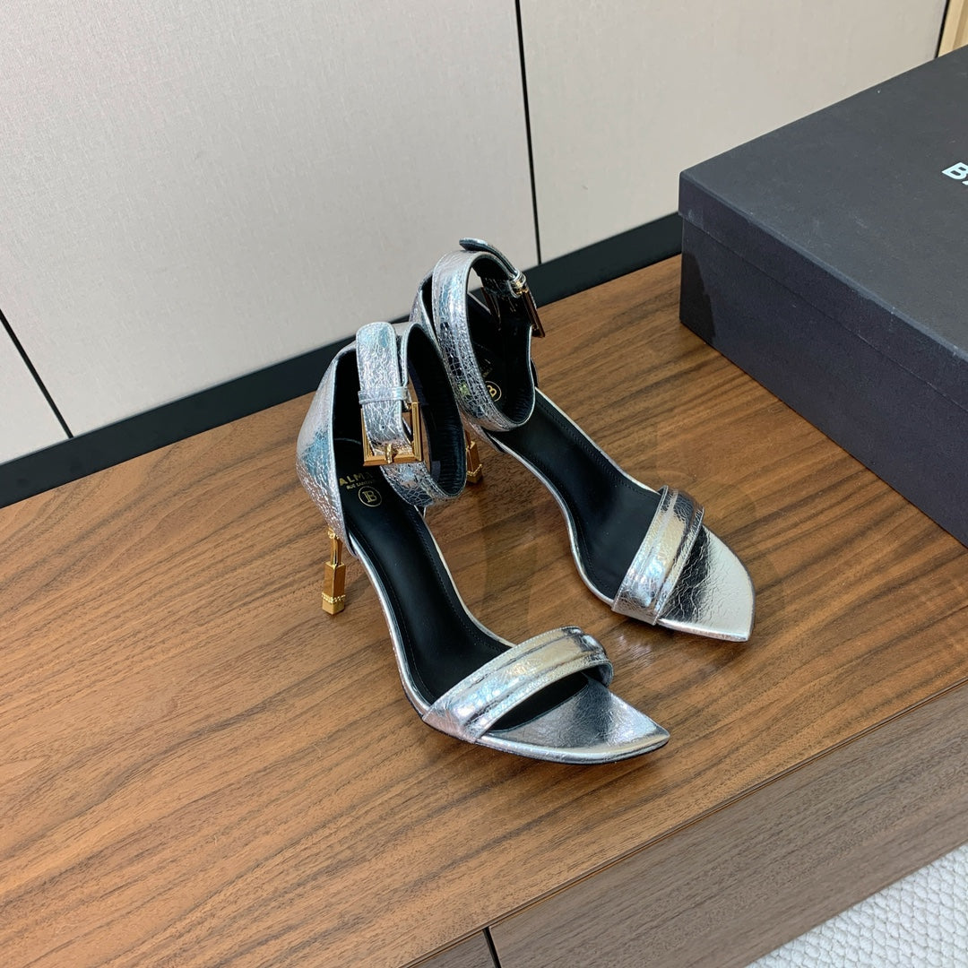 BALMAIN 25S SQUARE STRAP HIGH HEELS 100MM IN SILVER CALFSKIN - 36