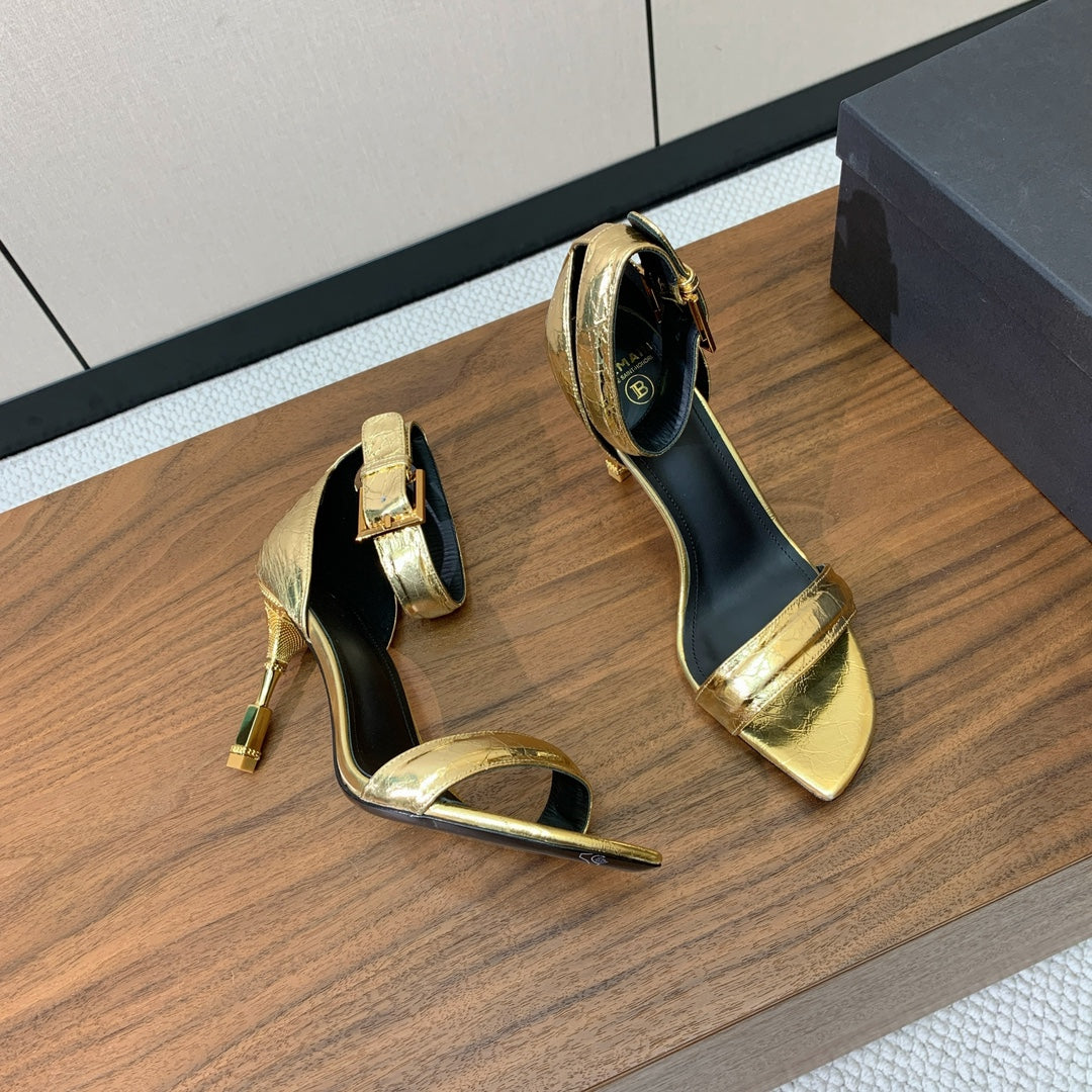 BALMAIN 25S SQUARE STRAP HIGH HEELS 100MM IN GOLD CALFSKIN - 36