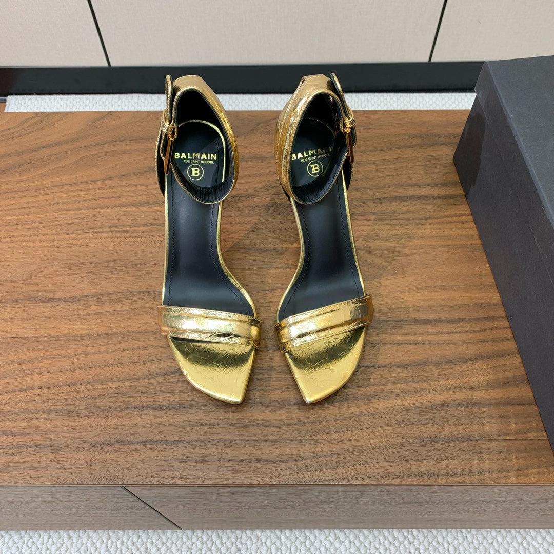 BALMAIN 25S SQUARE STRAP HIGH HEELS 100MM IN GOLD CALFSKIN - 36