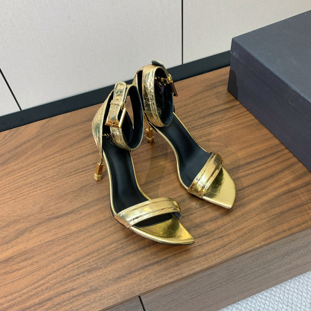 BALMAIN 25S SQUARE STRAP HIGH HEELS 100MM IN GOLD CALFSKIN - 36