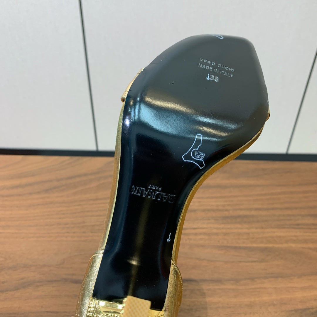 BALMAIN 25S SQUARE STRAP HIGH HEELS 100MM IN GOLD CALFSKIN - 36