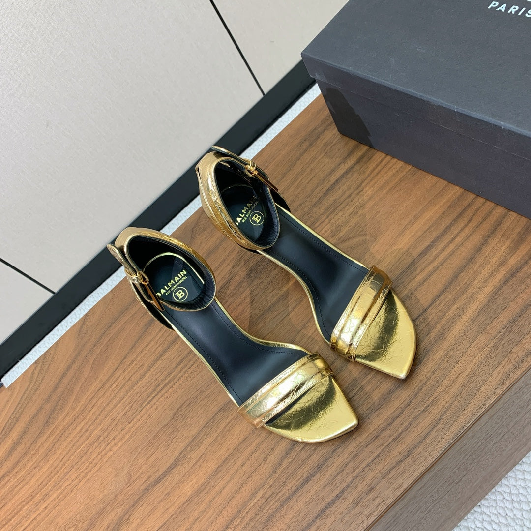 BALMAIN 25S SQUARE STRAP HIGH HEELS 100MM IN GOLD CALFSKIN - 36