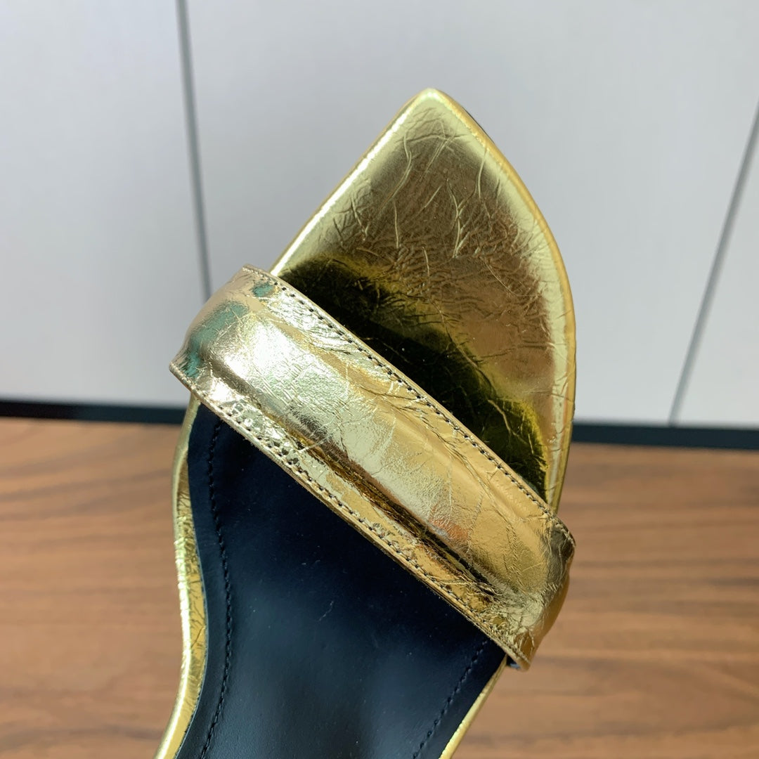 BALMAIN 25S SQUARE STRAP HIGH HEELS 100MM IN GOLD CALFSKIN - 36