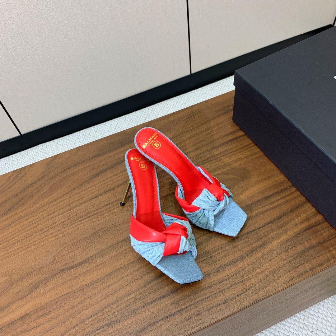 BALMAIN 25S HIGH HEEL MULES 95MM IN BRIGHT RED DENIM AND CALFSKIN - 36