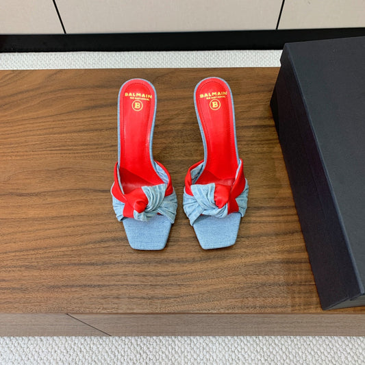 BALMAIN 25S HIGH HEEL MULES 95MM IN BRIGHT RED DENIM AND CALFSKIN - 36