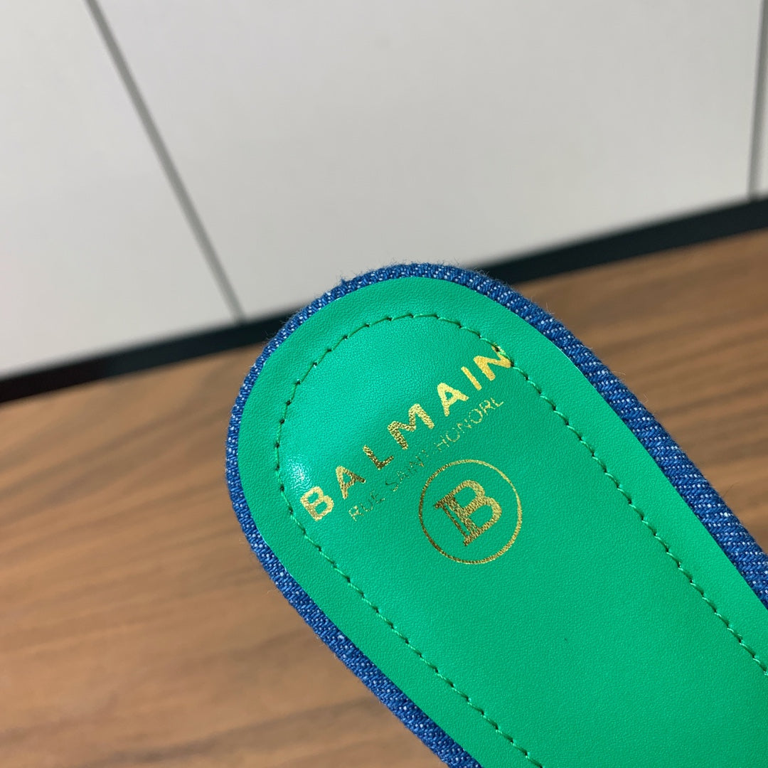BALMAIN 25S HIGH HEEL MULES 95MM IN EMERALD GREEN DENIM AND CALFSKIN - 36