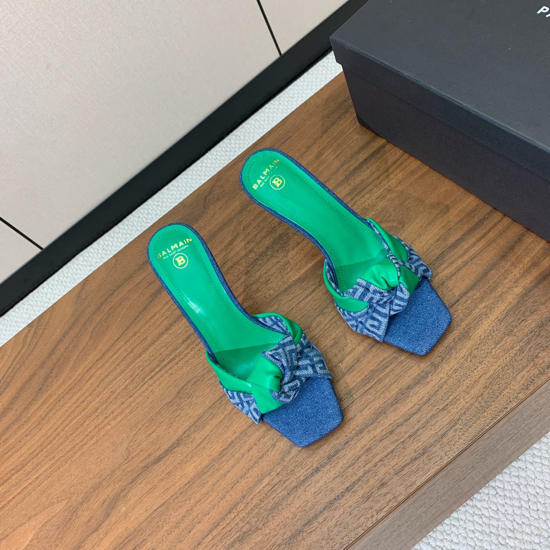 BALMAIN 25S HIGH HEEL MULES 95MM IN EMERALD GREEN DENIM AND CALFSKIN - 36