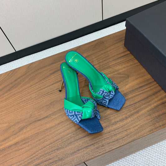 BALMAIN 25S HIGH HEEL MULES 95MM IN EMERALD GREEN DENIM AND CALFSKIN - 36