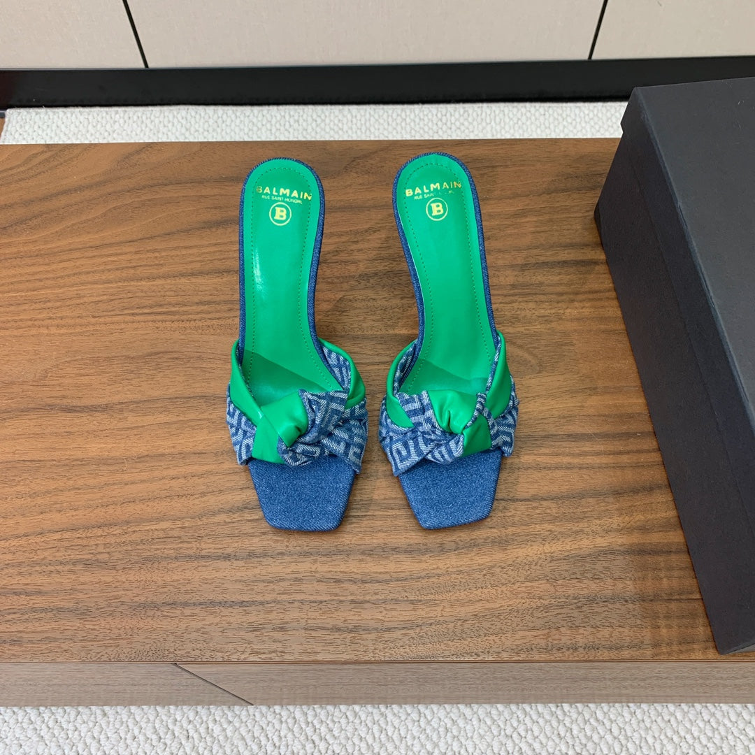 BALMAIN 25S HIGH HEEL MULES 95MM IN EMERALD GREEN DENIM AND CALFSKIN - 36