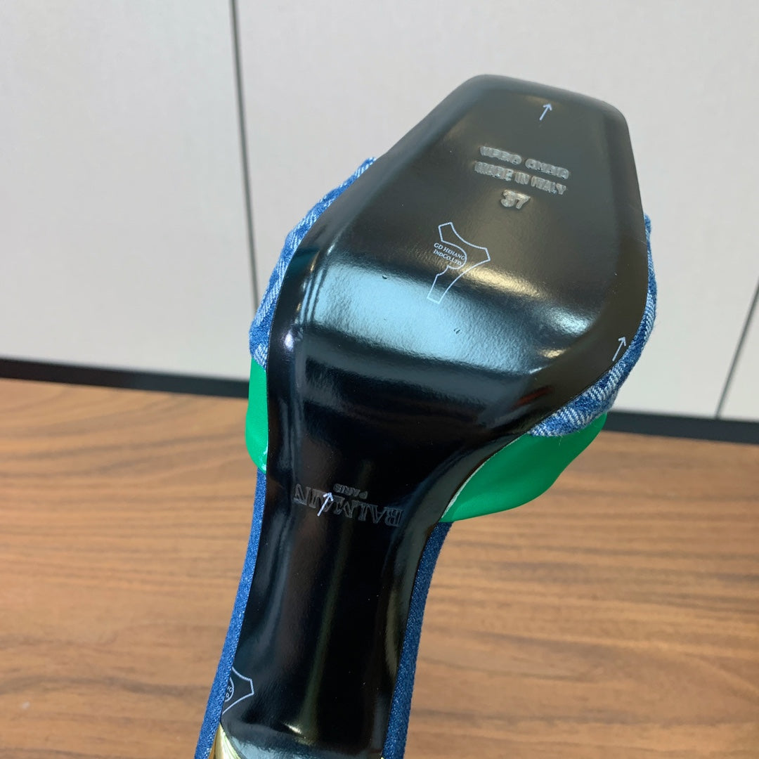 BALMAIN 25S HIGH HEEL MULES 95MM IN EMERALD GREEN DENIM AND CALFSKIN - 36