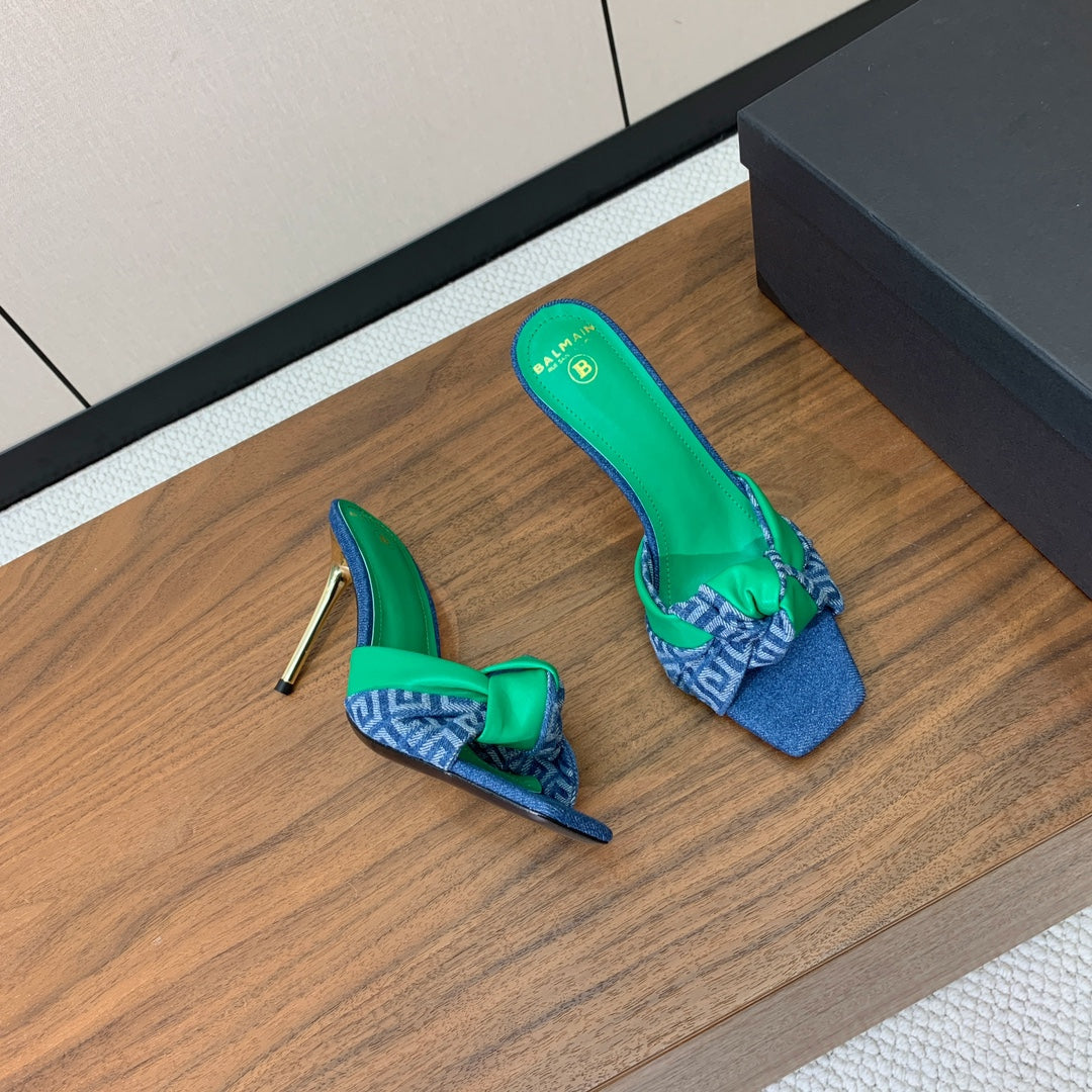 BALMAIN 25S HIGH HEEL MULES 95MM IN EMERALD GREEN DENIM AND CALFSKIN - 36
